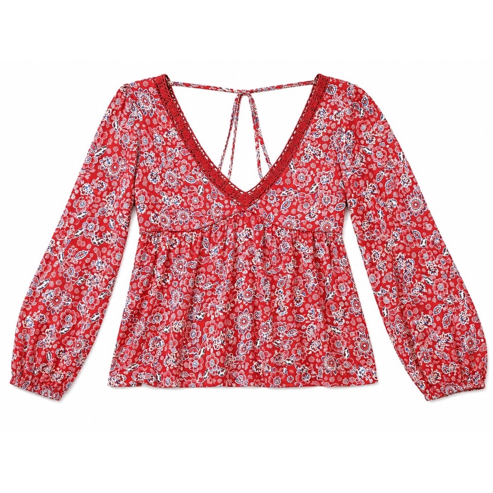 Patrons of Peace Red Floral Boho Blouse Crochet Lace Open Tie Back Medium